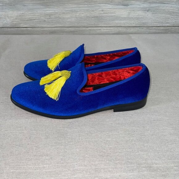 NWOB Men's Blue Velvet Loafers Yellow Tassels Smoking Shoes Size 11 EU 45 - Picture 2 of 6